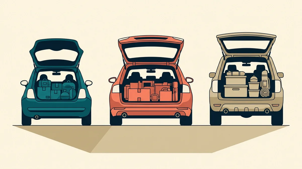 Three cars seen from behind with open boots: a small hatchback, an estate and an SUV, showing how differently their load areas are shaped